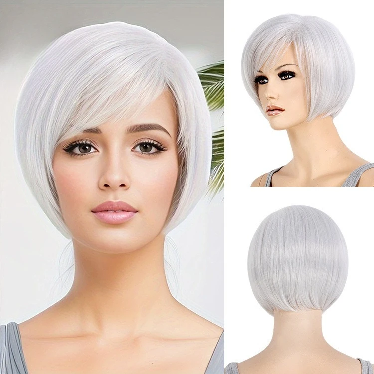

Women's thin comfortable short straight hair silver gray slanted bangs high temperature silk headgear middle-aged wig