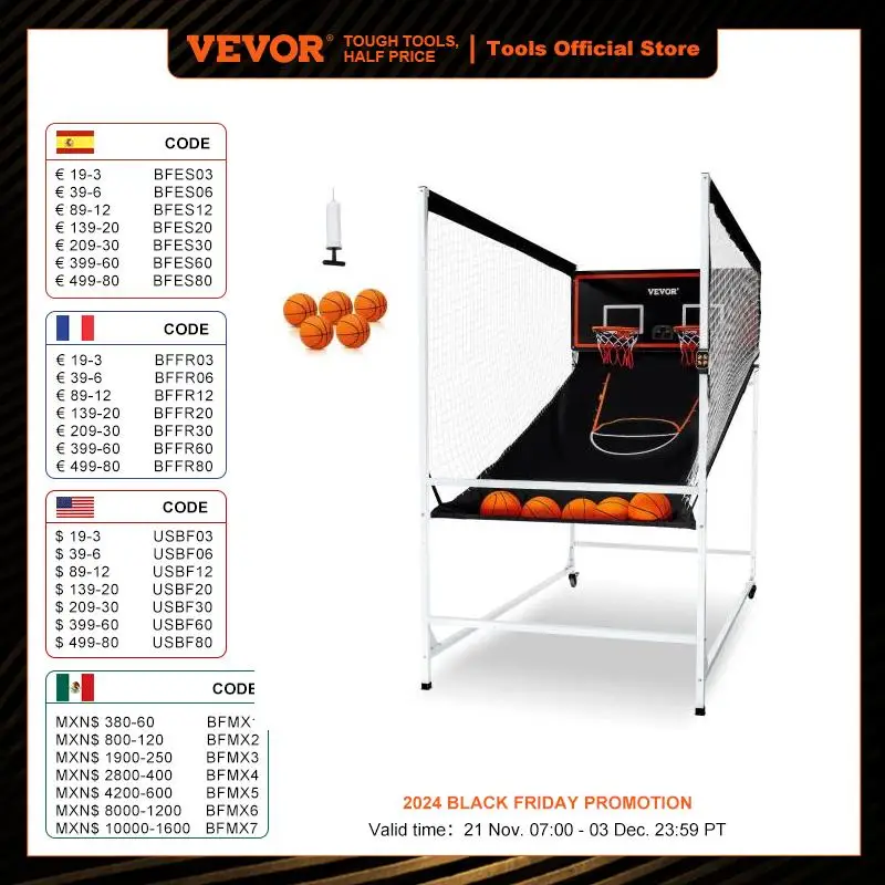 VEVOR 2 Player Indoor Arcade Cage Basketball Game with 5 Balls 8 Game Modes Electronic Scoreboard Inflation Pump for Kids Adults