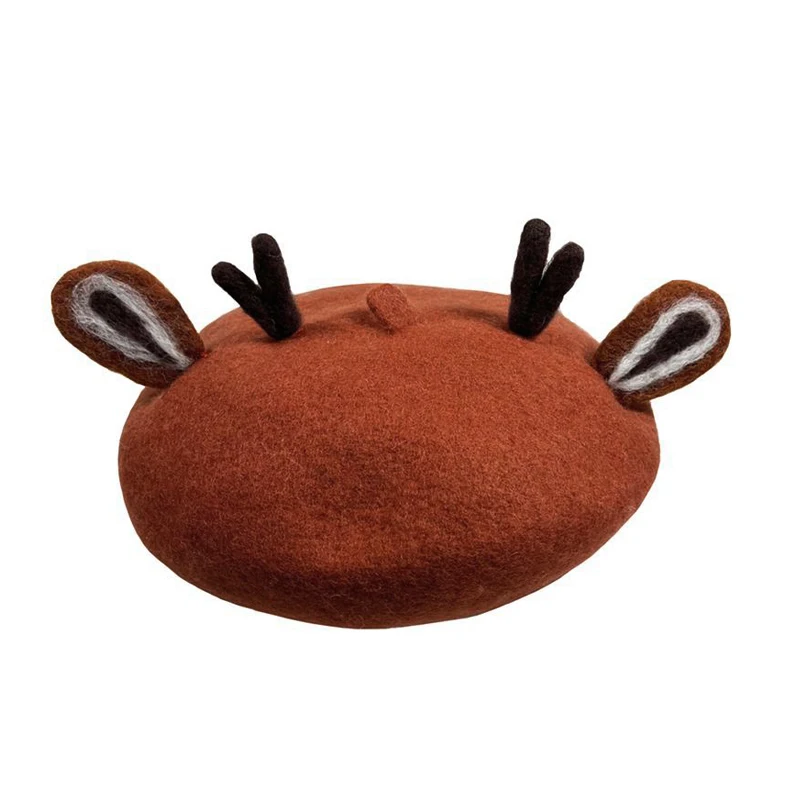 Child Women Handmade Cute Elk Horn Fox Ear Family Beret Hat Deer Antlers Kids Girls Wool Felt Painter Hat