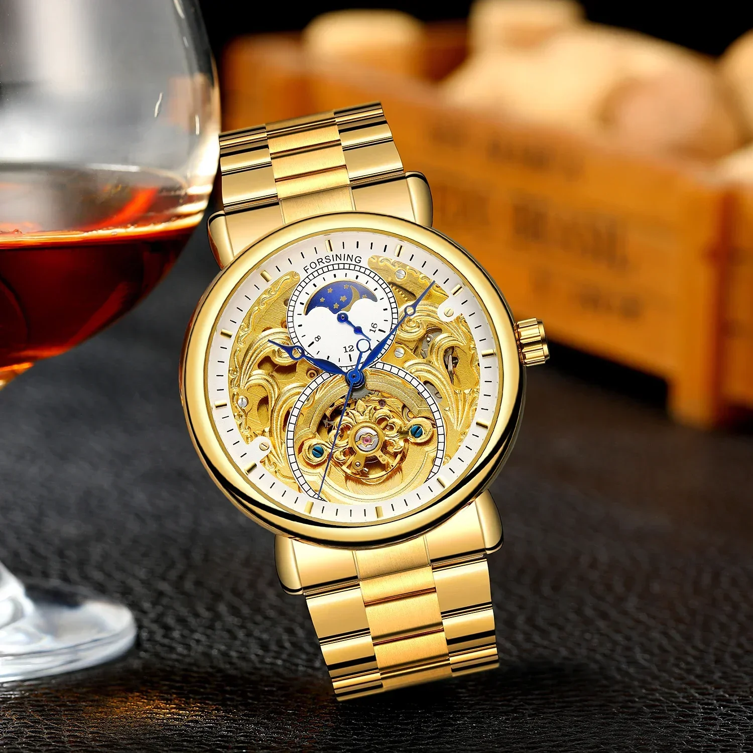 

НОВЫЕ часы Forsining, автоматические мужские наручные часы из нержавеющей стали, золотые деловые мужские механические часы, роскошные гравированные скелетоны