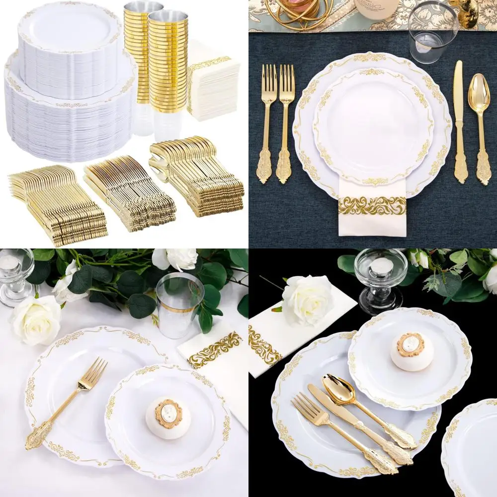 

Gold Rimmed White Plastic Dinnerware Set - 350 Pieces Disposable Plates, Cutlery, 10 oz Cups for Elegant Events
