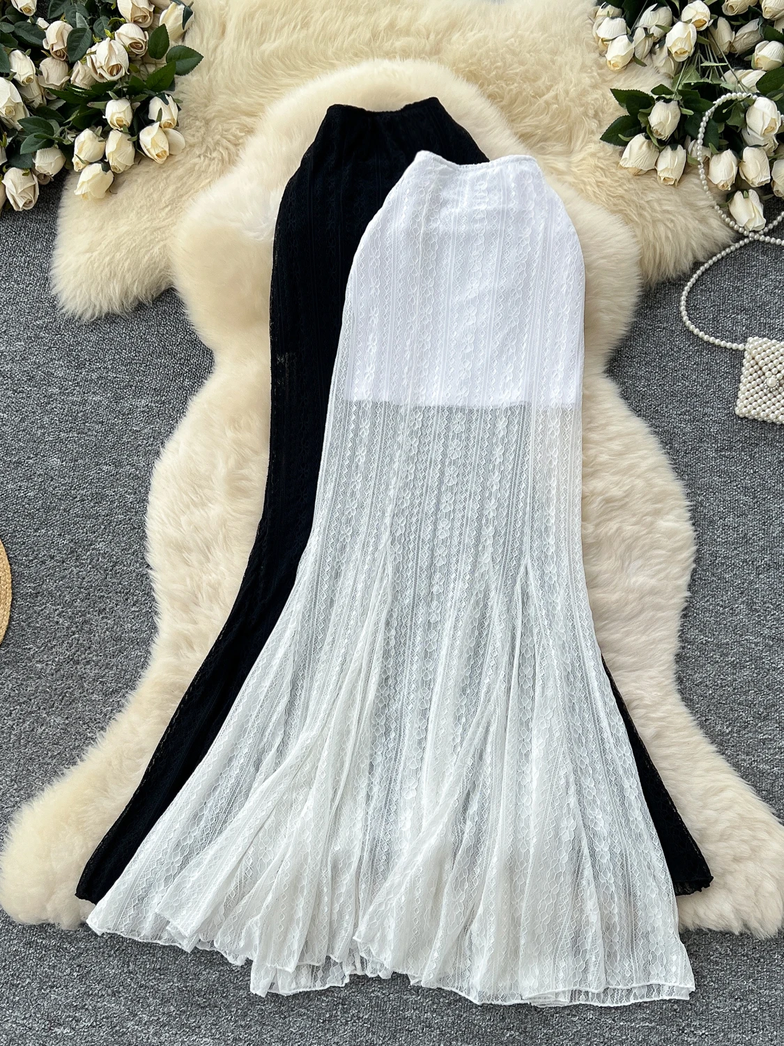 Ele Lace Fi Tail  Skirt Women's High Waist A-Line Skirt Slimming Fit Summer Commute Korean Sle Polyester Fiber