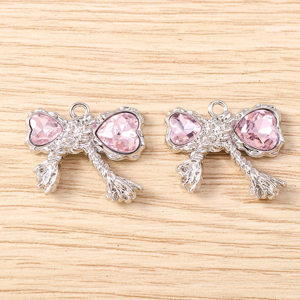 Tusember 5 Stück Niedliche Kristall-Metall-Herz-Schleifen-Anhänger für die Herstellung von Halsketten, Ohrringen, Armbändern, DIY-Schmuckzubehör – Detail 5