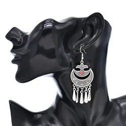 Indian Vintage Oxidized Silver Color Metal Drop Earrings for Women Boho Blue Black Stone Hanging Earrings Arab Ethnic Jewelry