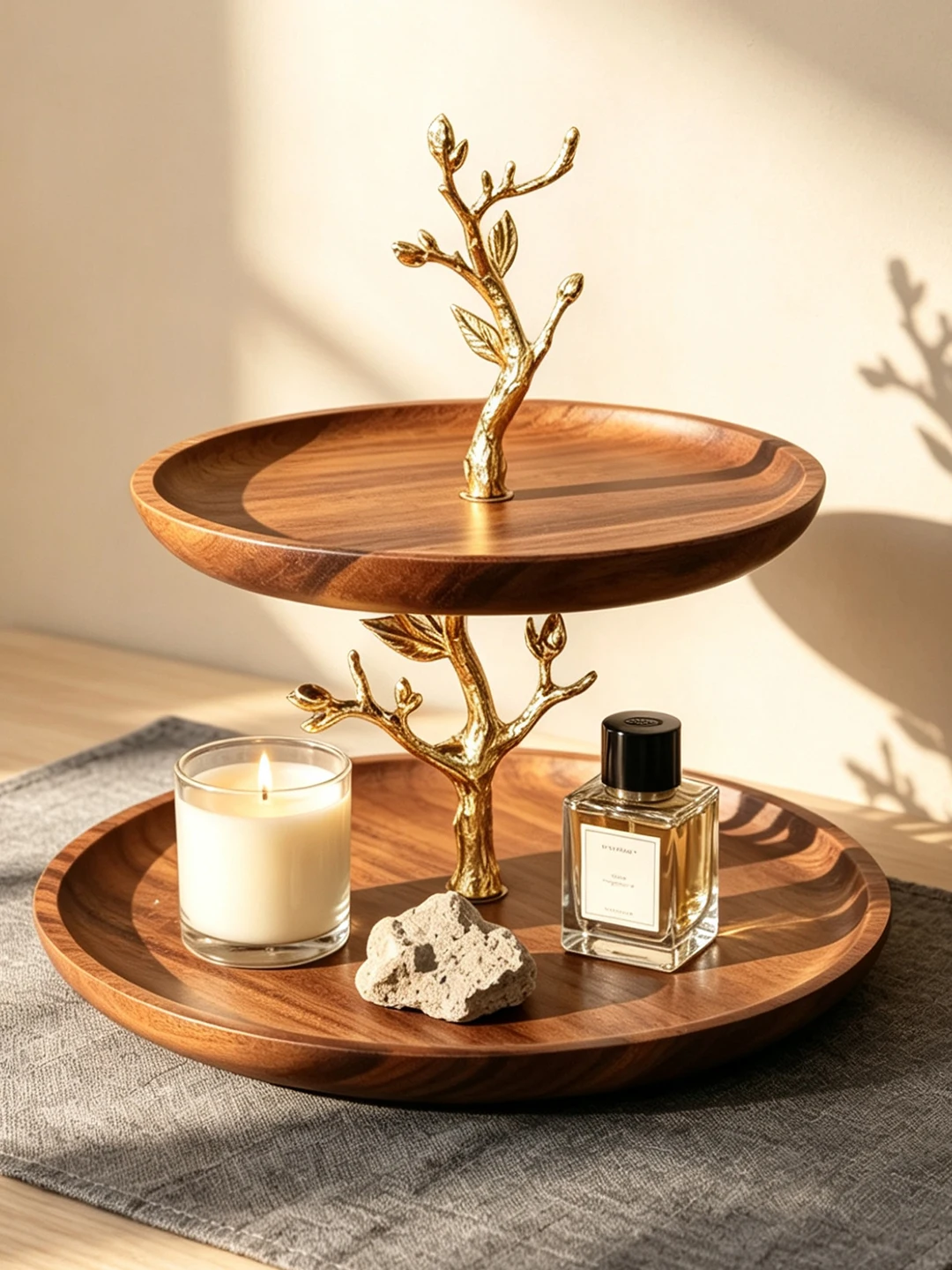 

Walnut Wood Luxury Double Triple Layer Dessert Plate Afternoon Tea Display Plate Golden Tree Shaped Tray Modern Simple Style