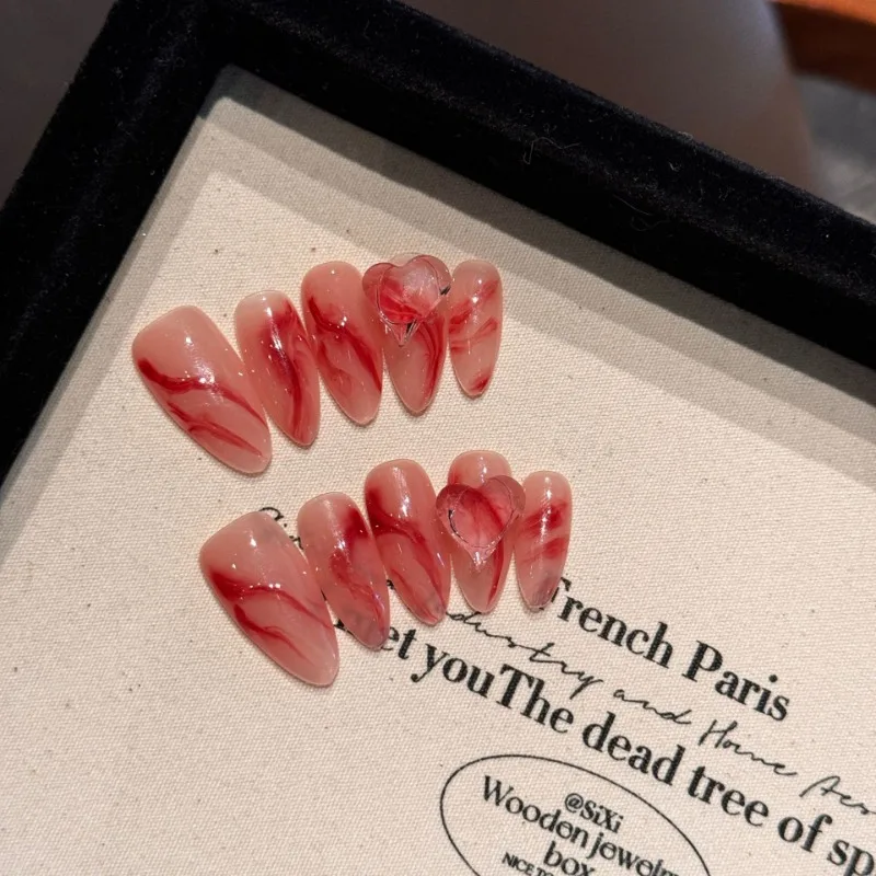 

10 шт весна и лето темные специи для девочек сладкий крутой стиль ручная работа накладные ногти красные пятна съемные многоразовые