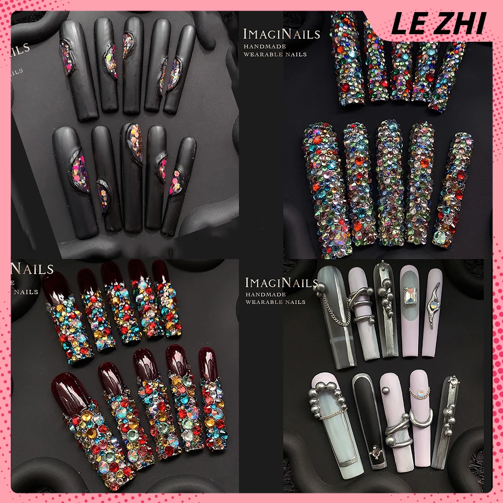 Handmade XXL 3D Colourful Rhinestone Press On Nail Party Sticker Long Coffin Short Square Dark Wind Punk Party Nail Sticker