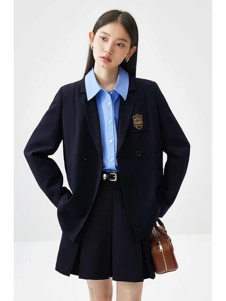 ZIQIAO Commuting Casual College Style Suit for Women 2024 Spring New Trend Sense Short Pleated Skirt + Loose Blazer Female Sets