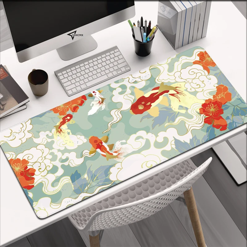 Japanese Mousepad Koi Desk Mat Minimal Japan Mousepad Gold Blue Anime Aesthetics XXL Gaming Deskmat Nature Large Mouse Pad 90x40