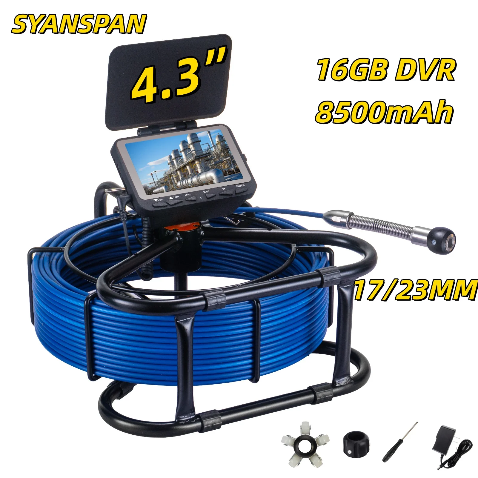 SYANSPAN 17MM Kamera-Rohrinspektionskamera mit DVR 16GB FT-Karte, Kanalisation Industrie-Endoskop 8500mAh Akku 10/20/30/50M