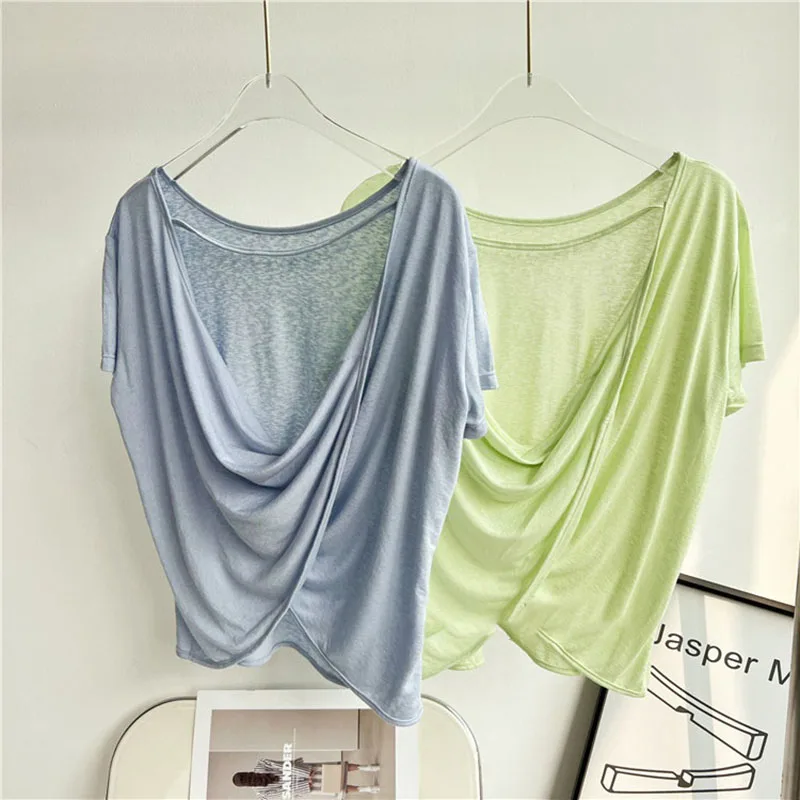 Lightweight Sexy Back Cropped Women Workout Shirts Twist Brushed Gym Tank Tops Short Sleeve Summer Yoga Top