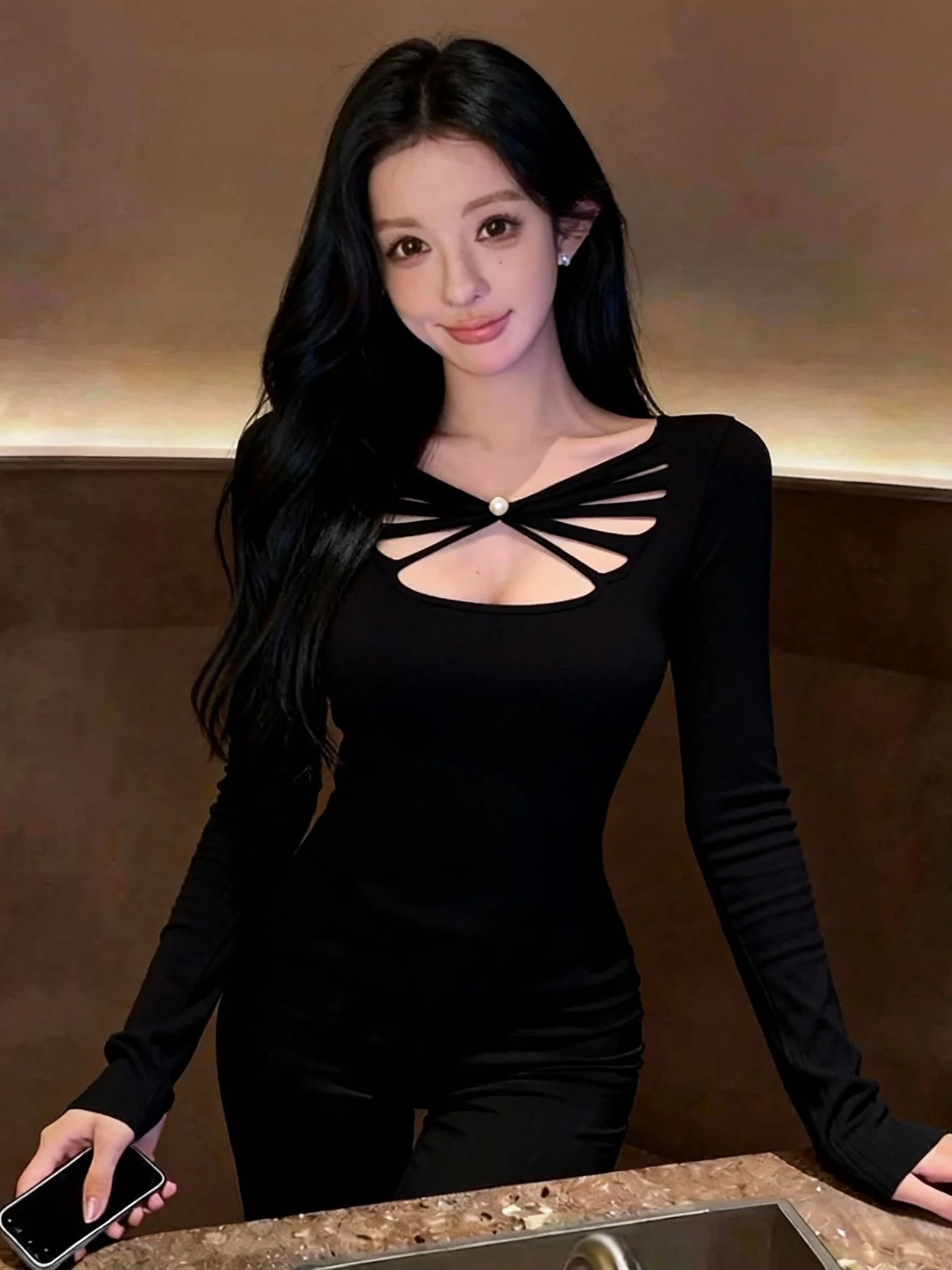 

Sexy Hollow out Shoulder T-Shirt Women's Slim Fit Date Night Top Black French Style Long Sleeve Fashion Set Nicole Rose