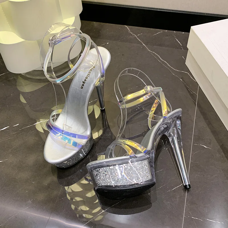 Silver -20cm Super High Heel Catwalk Shoes Summer Women Platform Cross Band Transparent Sandals Sexy Crystal Sequins High Heels