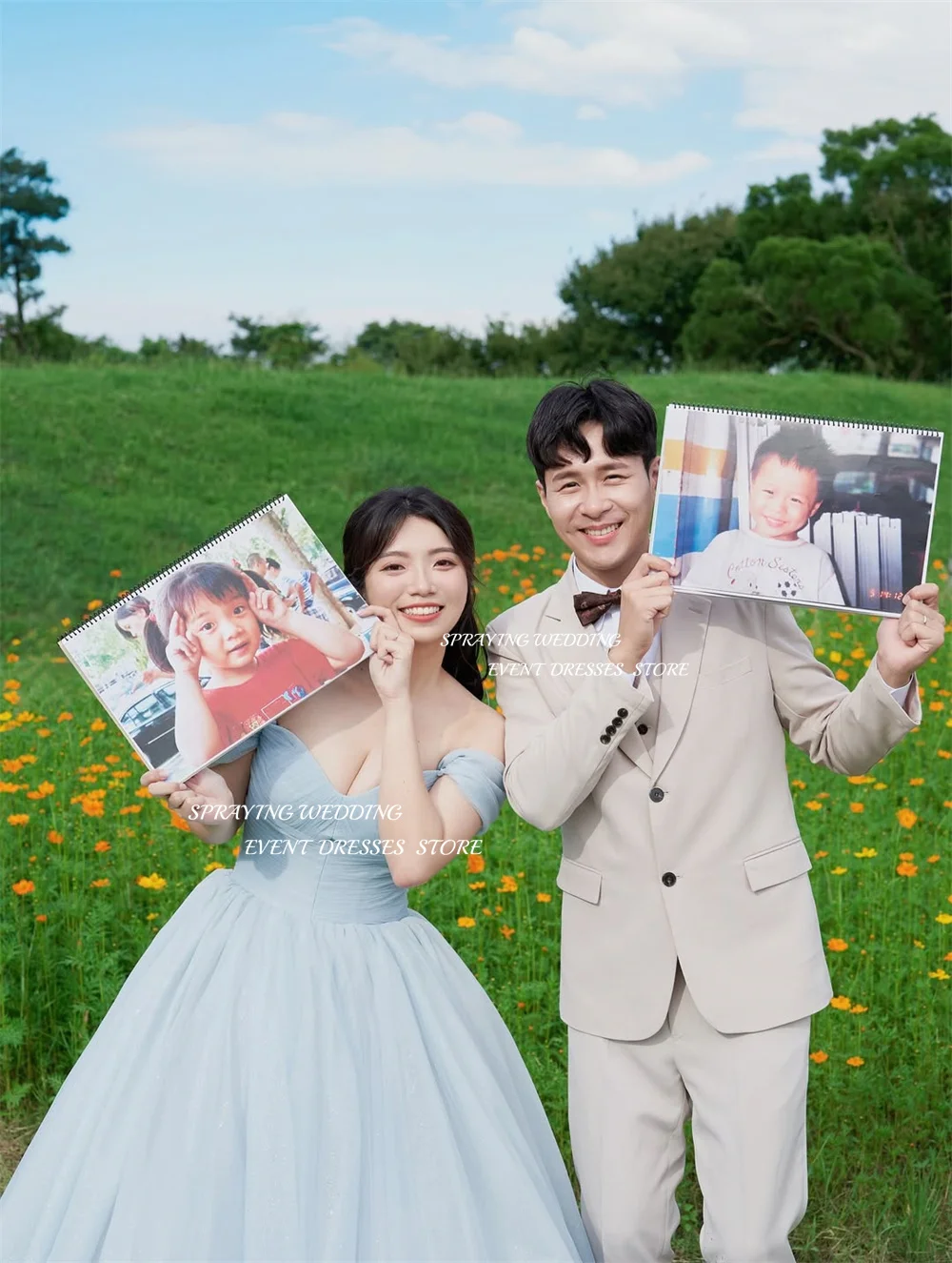 スプレー染めブルーチュールイブニングドレス韓国ウェディングフォト撮影VネックオフショルダーパーティードレスAラインロングコルセットカスタムメイド2026