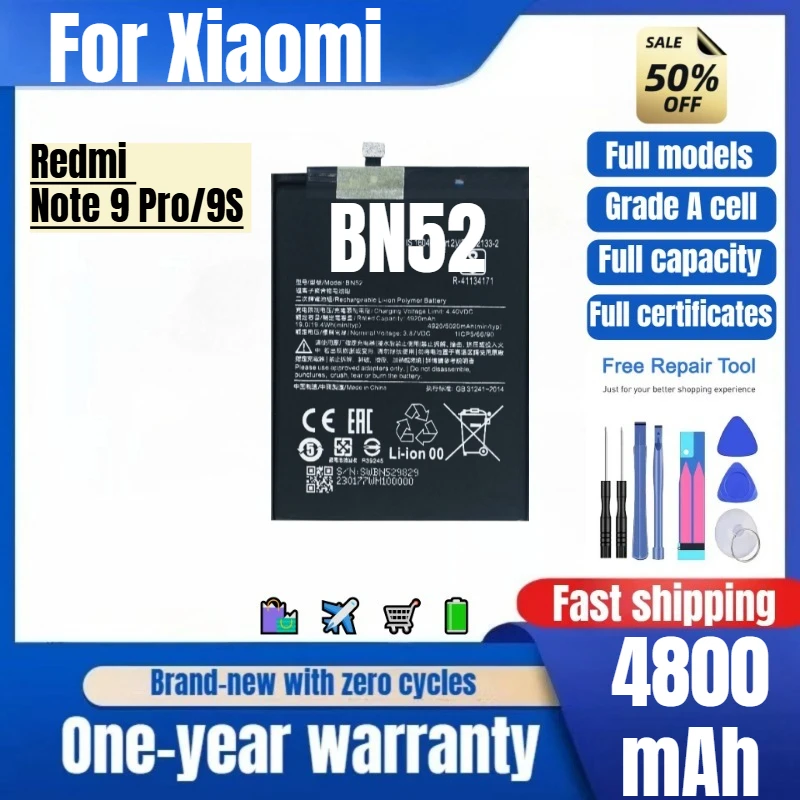 BN52 for Xiaomi Redmi Note 9 Pro/9S Phone Battery 0 Cycle High Quality High Capacity Replacement Bateria Grade A Cell with Tools