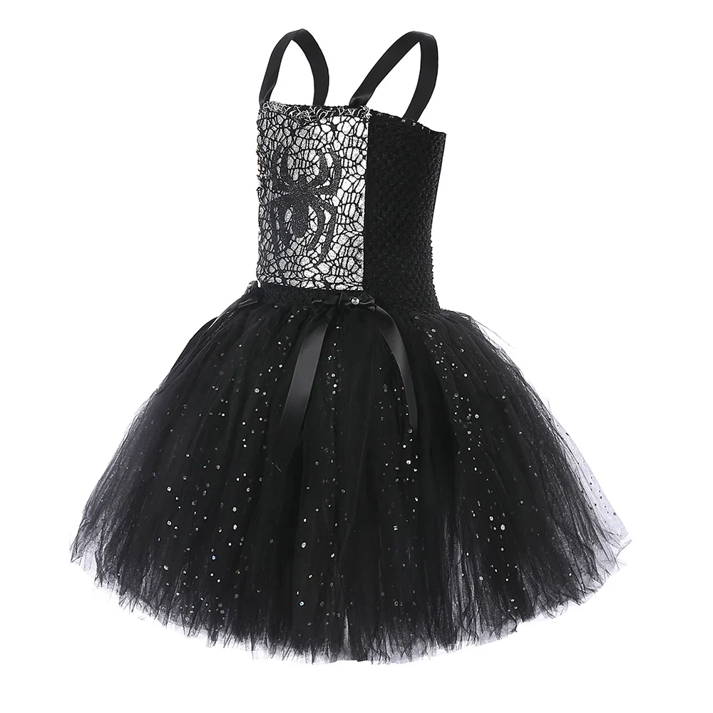 Halloween Tutu Dress Black Sequin Tulle Dress With Spider Print Sleeveless Mesh Skirt Halloween Outfit Performance Party Attire