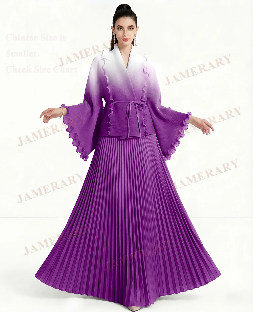 

Loose Big Size Summer Two-piece Set Women Long Sleeve Blouse Maxi Skirt Suits 2pcs Pleated Dresses Muslim Evening Party Robe