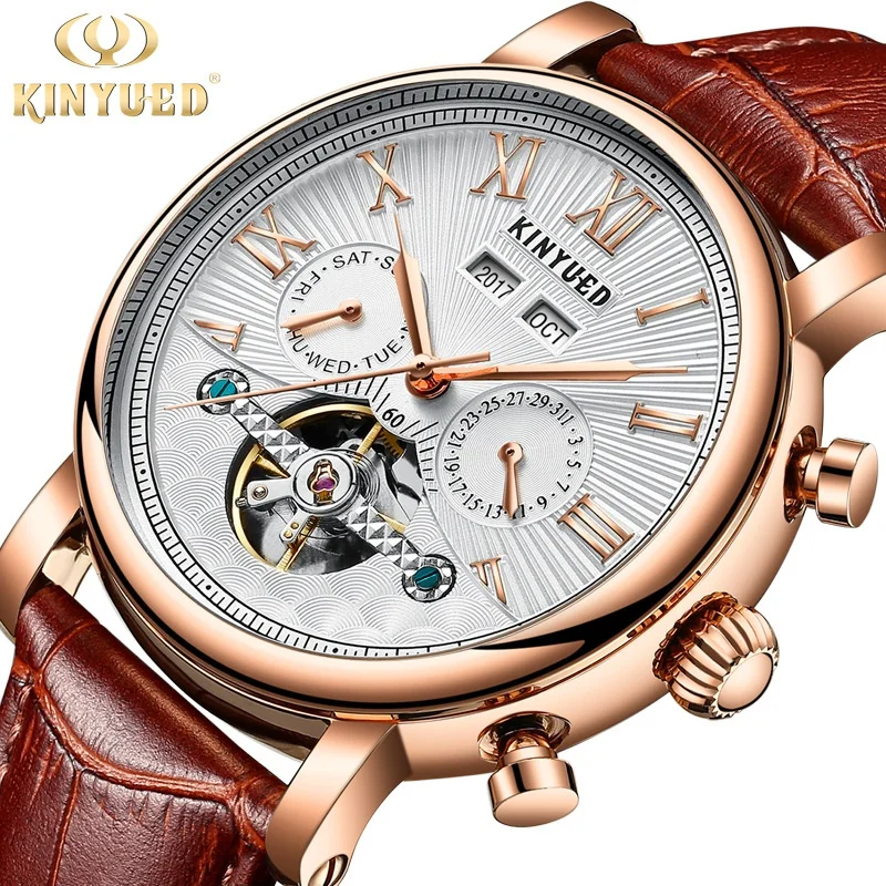 

KINYUEDAutomatic Perpetual Calendar 's Authentic Leather Hollow out Mechanical Watch in Stock Men's Wa