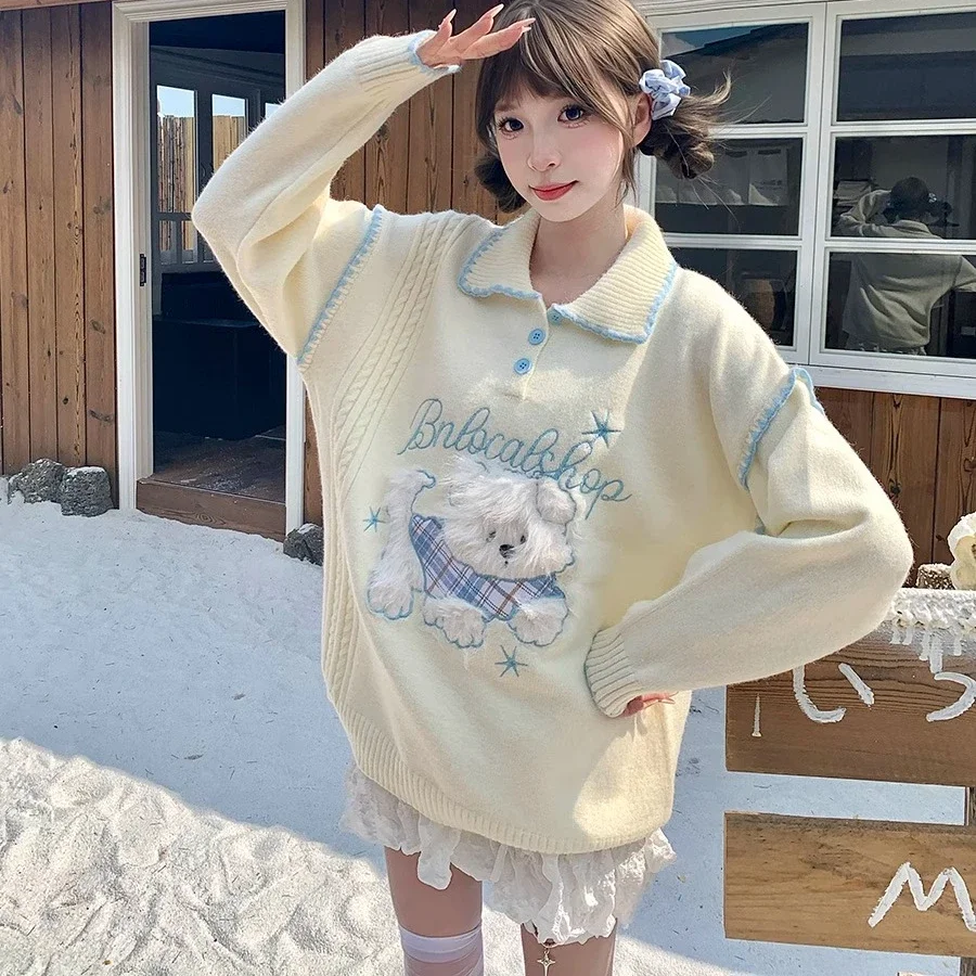Sweet Lolita Girls Japanese Kawaii Fluffy Puppy Polo Sweater, Soft Pastel Collar Knit Top for Women Thicken Winter Warm Tops