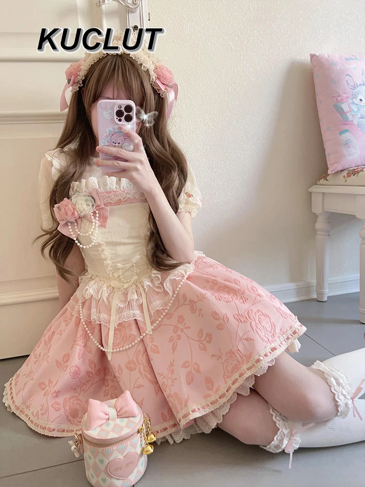 Jsk – robe Lolita en Jacquard pour femmes, douce et mignonne, courte et moelleuse, rose, robe de princesse élégante, nouvelle collection été 2025