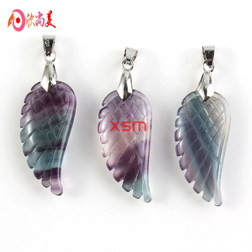 KFT Silver Plated Vintage Natural Fluorite Stone Freedom Angel Wing Pendant 35mm Fashion Women Men  Jewelry