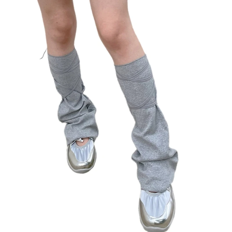 Womens Girls Harajuku Solid Color Flared Loose Leg Warmer with Detachable Straps Tie Up Leg Covers Footless Long Socks