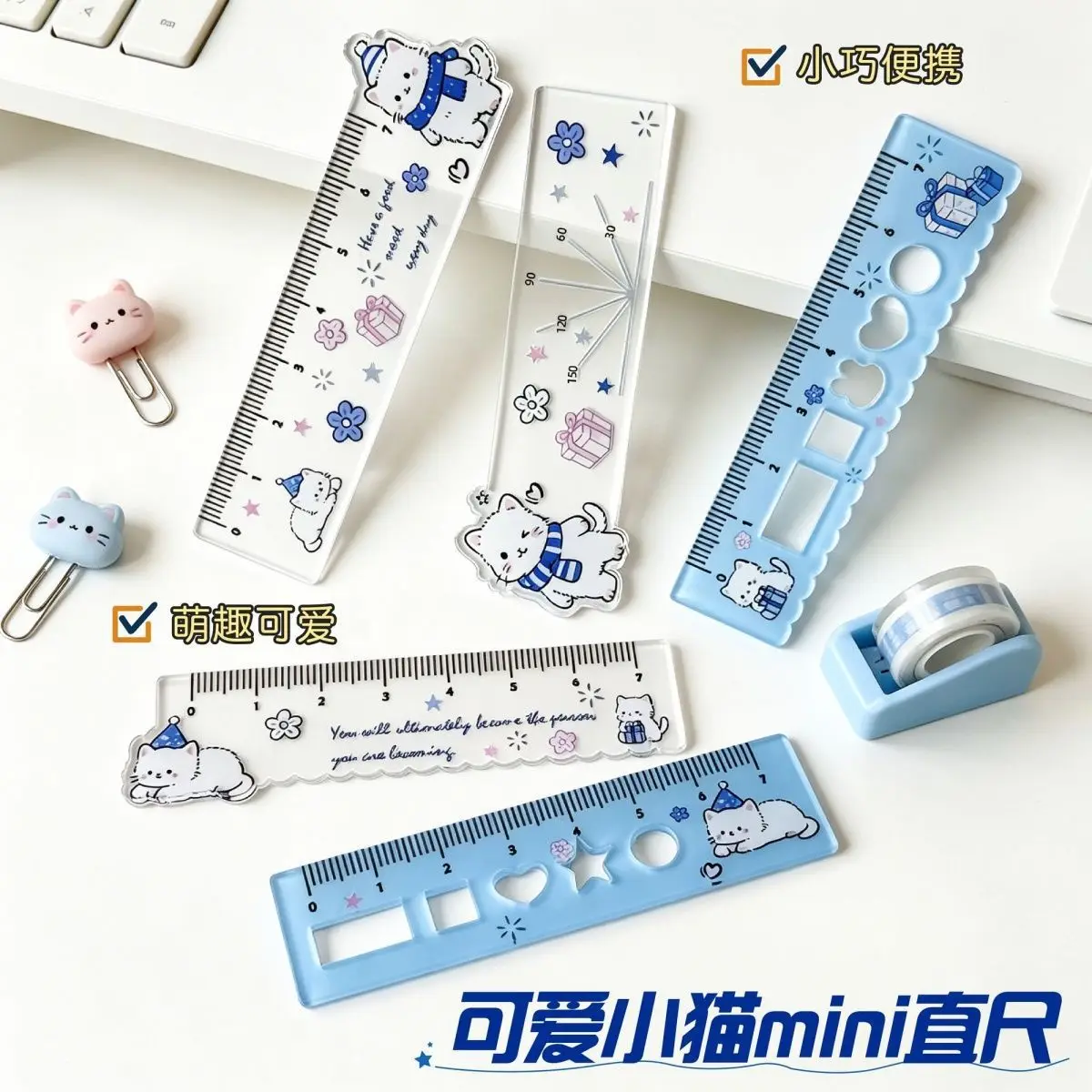 5pcs Mini Cat Palm Straight Ruler Cute Portable Student Drawing Measuring Stationery Cute School Supplies