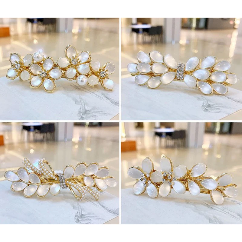 Korean Flower Pearl Spring Clip Boutique Opal Bowknot Horizontal Clip Temperament Female Fashion Hair Accessories Hair Clip