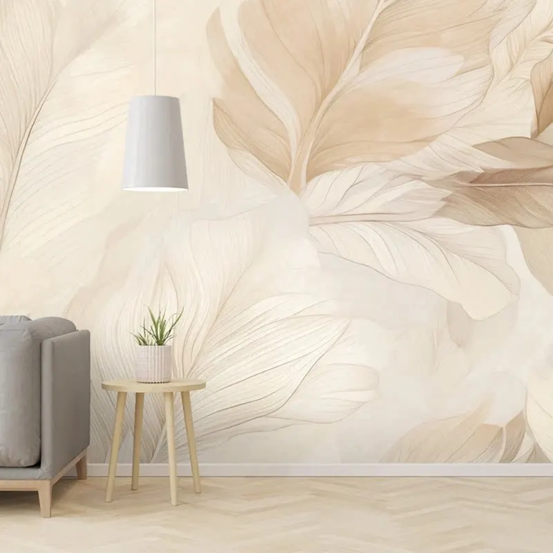 Customized Southeast Asian Plant Leave Cream Colored Geometric Hand-Painted Feather Living Room Background Wall 3D Wallpaper
