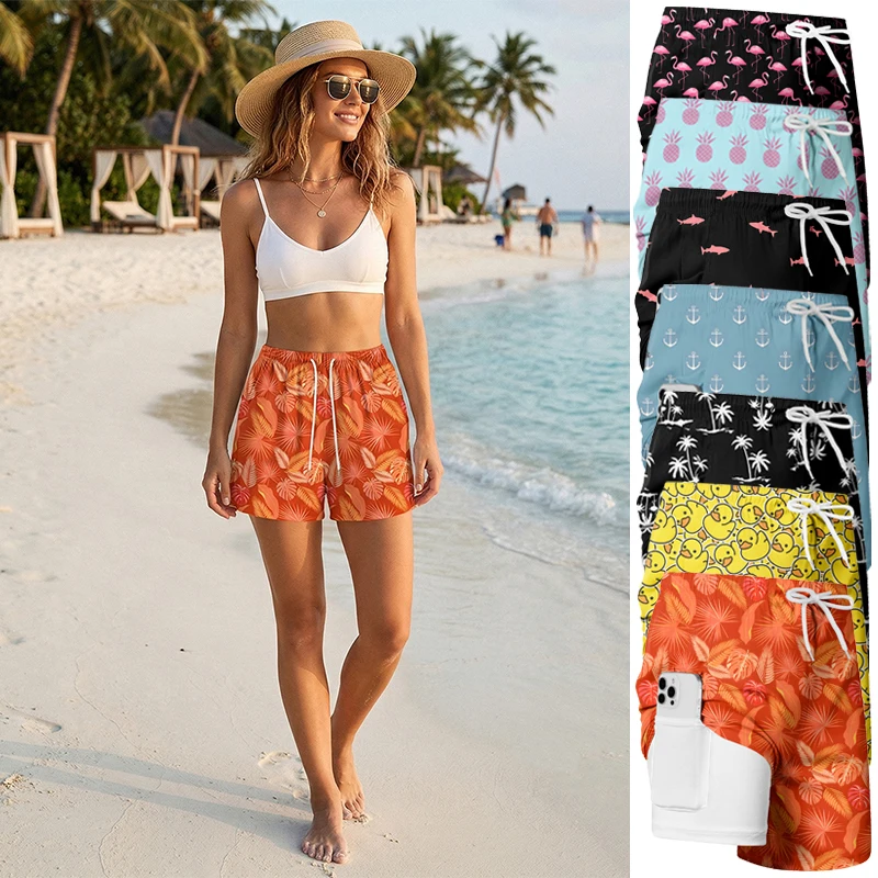 

Женские пляжные шорты с принтом и компрессионной подкладкой. Летние повседневные забавные шорты с карманом для телефона и боковыми карманами.