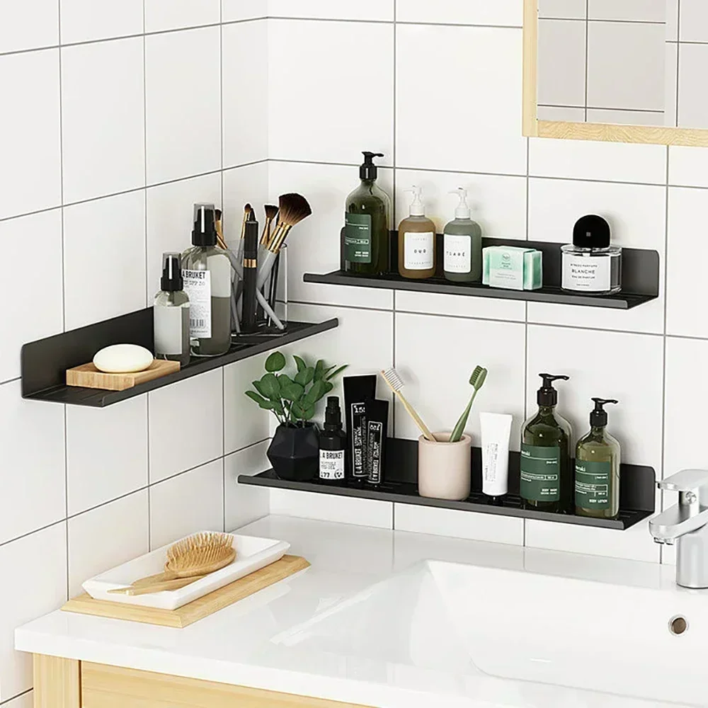 30-60cm Punch-Free Bathroom Accessories Wall-Mounted Faucet Cosmetic Storage Rack Mirror Front Shelves