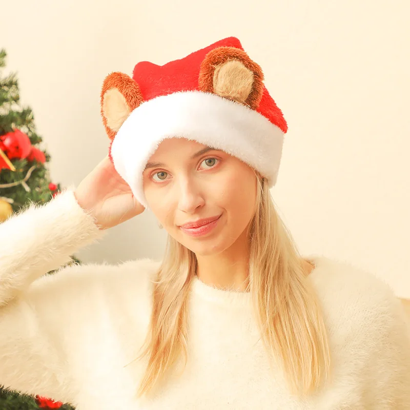 골든 레인더 뿔 크리스마스 머리띠 - 빨간색과 녹색 귀가 달린 부직포 산타 모자, 성인과 어린이를 위한 축제 파티 머리 장식