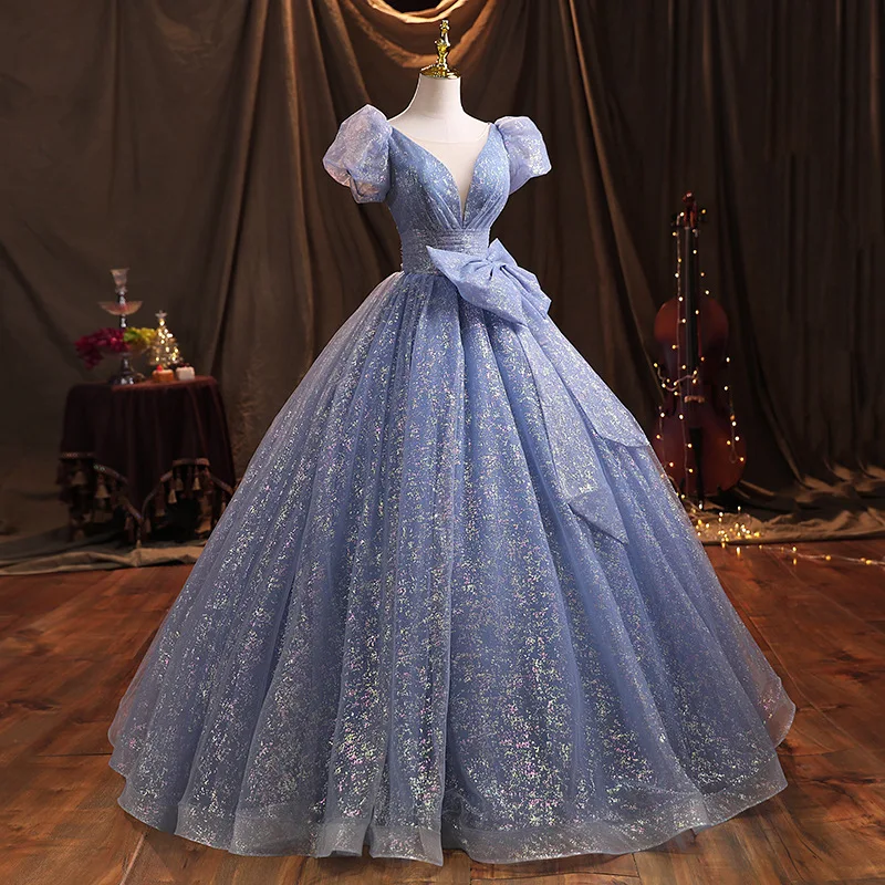 Robe de Quinceanera scintillante à manches bouffantes bleues pour filles, robe de Rhscintillante, robe de Rhscintillante, robe de Rhscintillante, robe de soirée avec nœud, photos réelles, 16