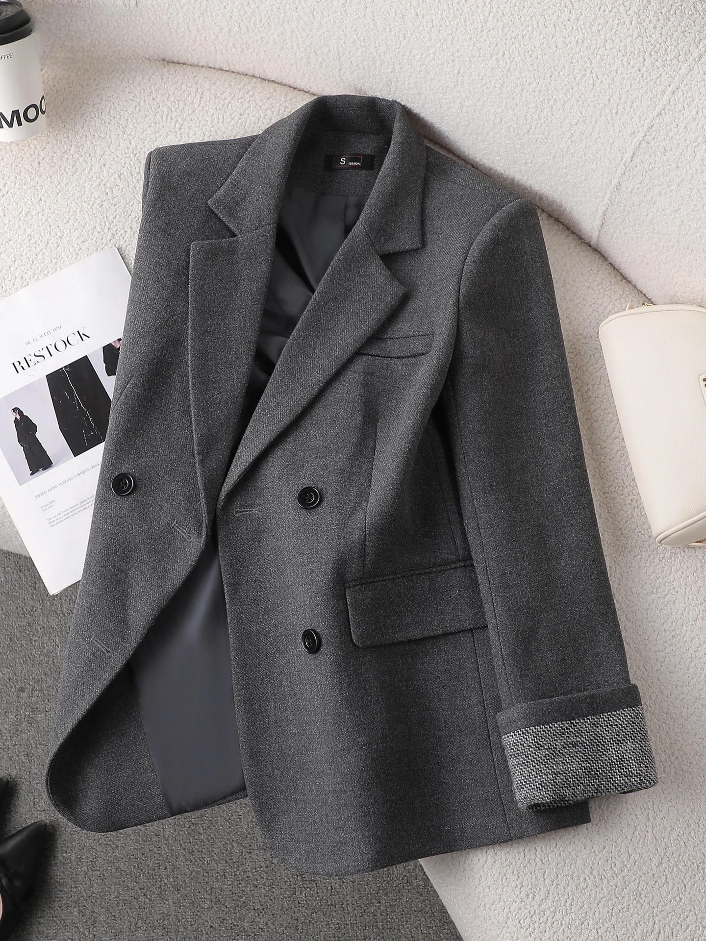 

Gray Woolen Suit Jacket Women's Casual Double-Breasted Fashionable Lightweight Autumn New Arrival Commute Style Full