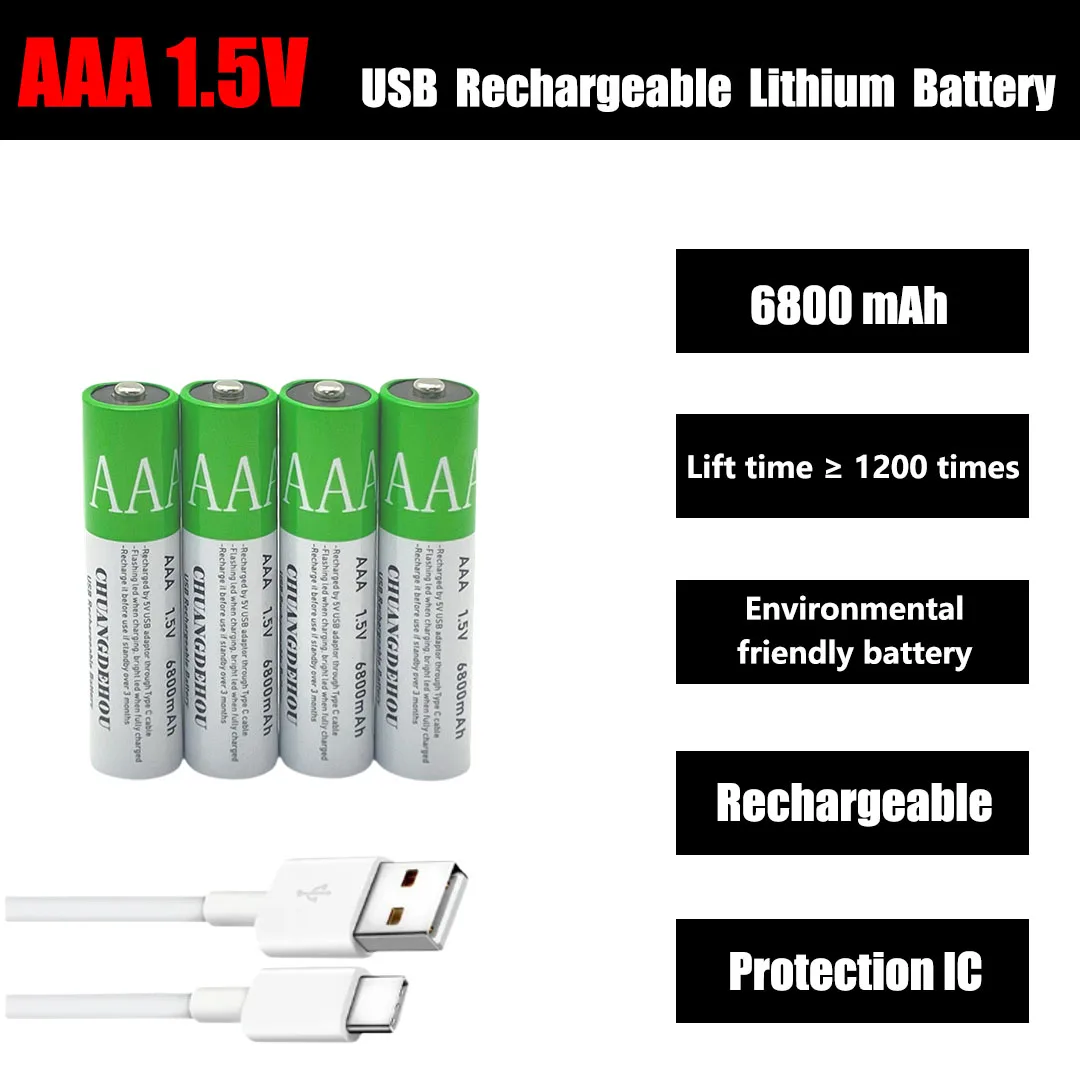 

Fast Charging Battery 1.5Vaaa 6800Mah Green Environmentally Friendly, Lithium-Ion Battery for Remote Control Mouse Small Fan Electric Toy Battery USB Type-C Cable