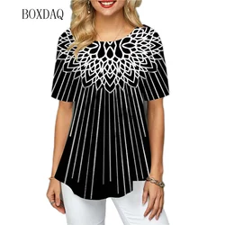 High Quality Women Fashion Striped Shirts Summer Short Sleeve 3d Printed Street Ladies Blouses Round-Neck Casual Oversized Tops