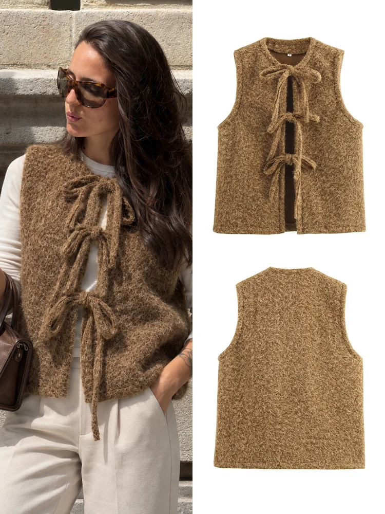 HH Women Fuzzy Alpaca Texture Sleeveless Vest Front Bow Tie Knit O-Neck Waistcoat Old Money Style 2026 Autumn Layer Cardigan