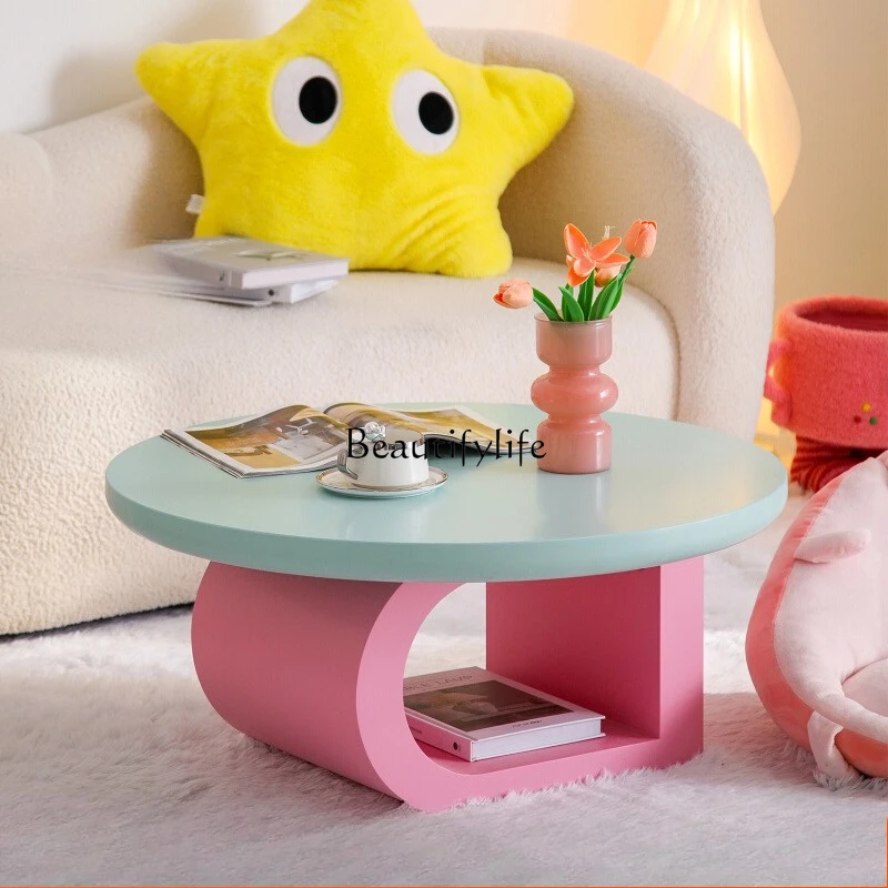 

3Contrasting color round coffee table small apartment living room household color creative cream style sofa side table