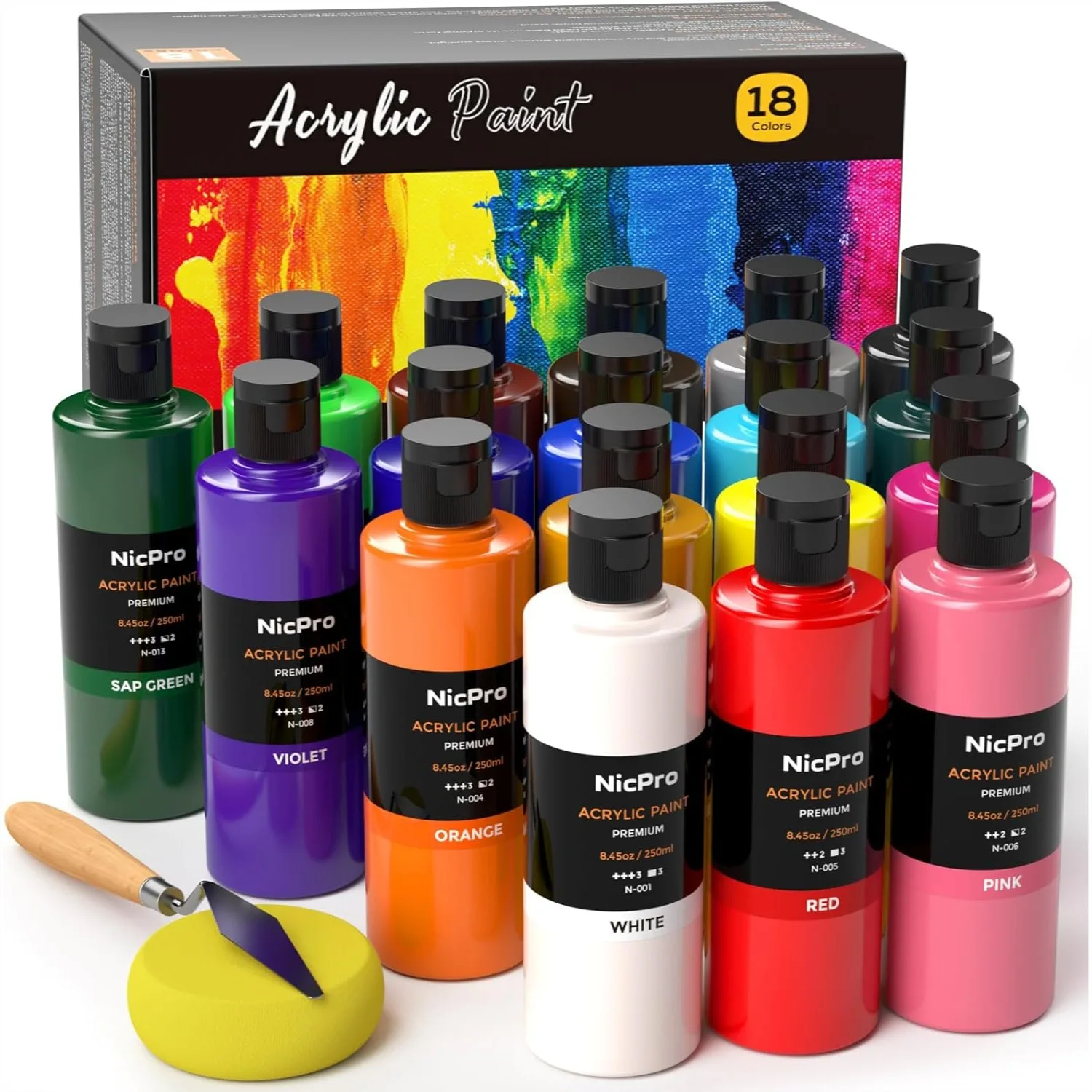 

18 Colors Acrylic Paint Set 8.45oz Large Artist Painting Supplies for Canvas Wood Fabric Rock with Color Wheel