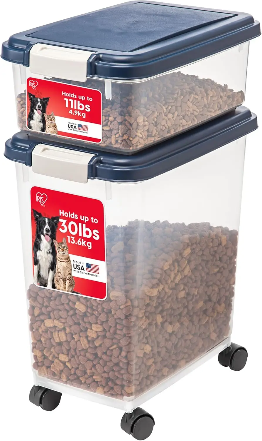 2-delige 41 lbs / 45 Qt luchtdichte opslagcontainer voor huisdierenvoeding, combo met traktatiedoos, stapelbaar, doorschijnend, eenvoudige mobiliteit, marineblauw