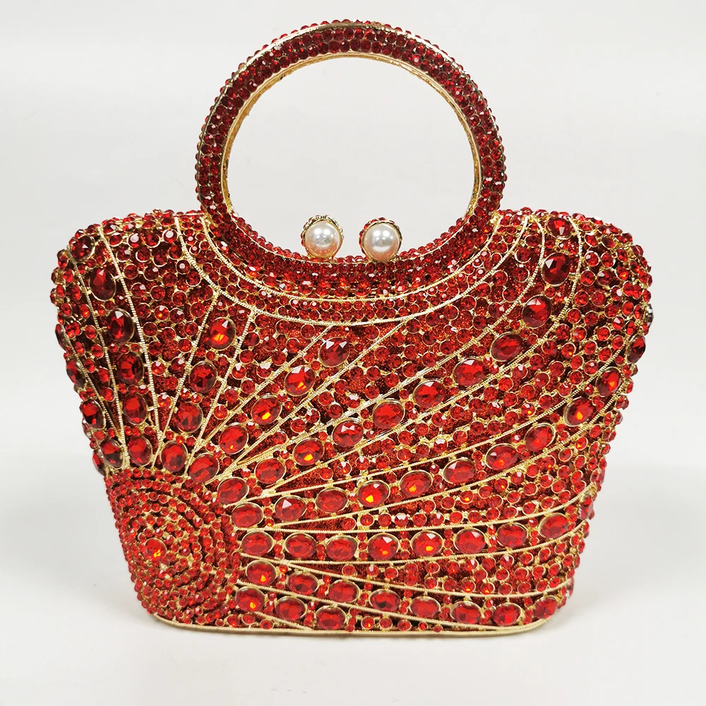 Bolso de mano duro con diamantes rojos para mujer, cartera de mano brillante de cristal para boda, novia, fiesta, baile de graduación