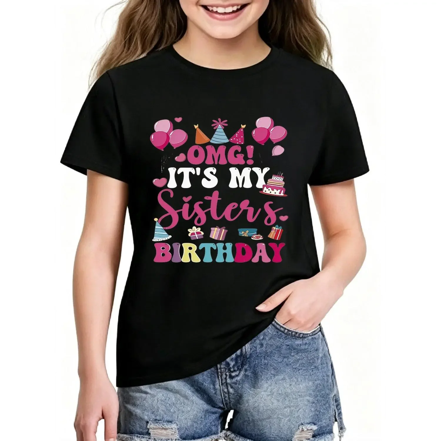 OMG ITs MY SISTERs BIRTHDAY Colorful Balloon Party Girls T Shirt Casual Crewneck Short Sleeve Suitable for Birthday Celebrations Family Gatherings and Festive Occasions