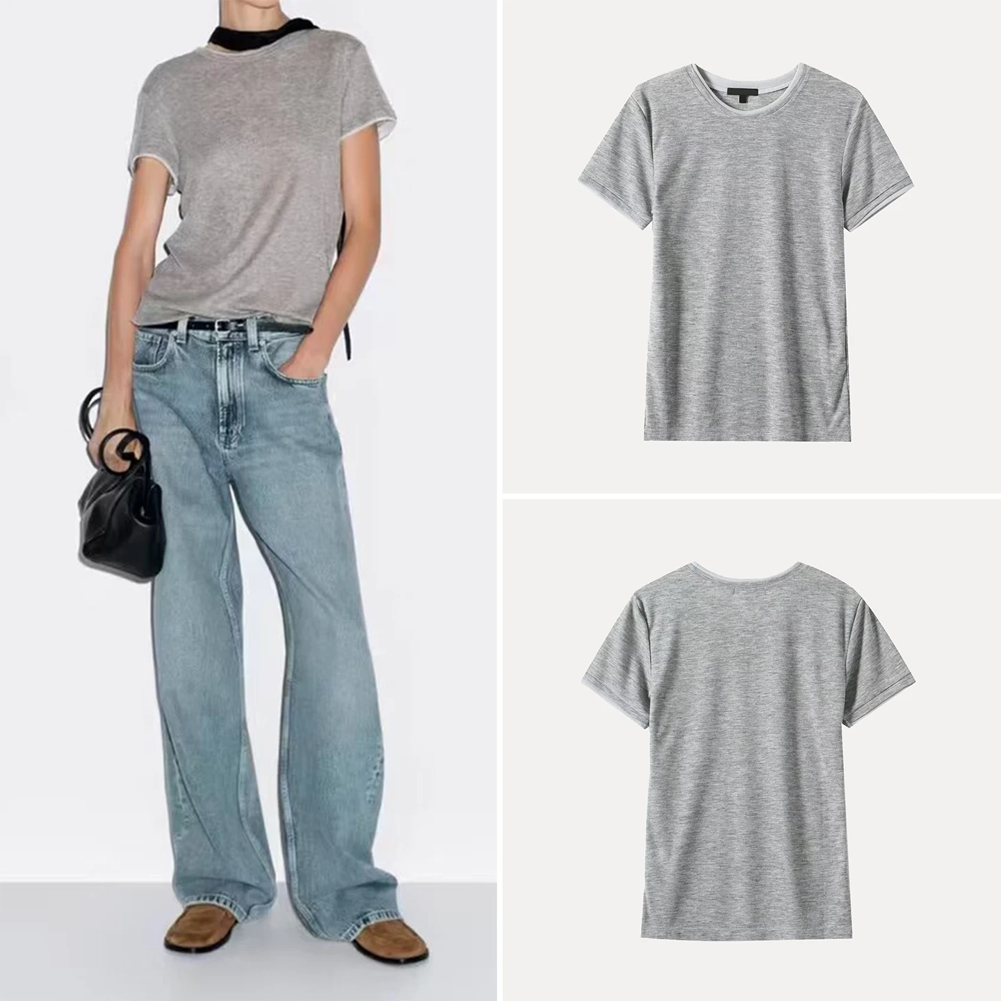 

2025 Autumn New Women's Simple Sle Double Color round Ne ort Sve T-irt Stand Fit Ladies' Faion Z