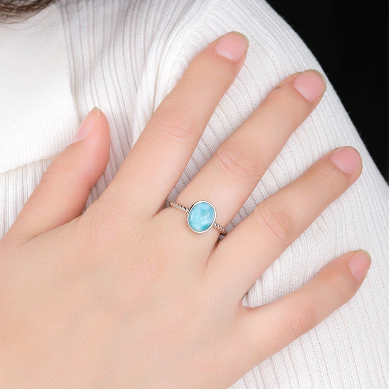 XYOP 925 Silver Gift Oval Natural Larimar Ring,The Girl Next Door Is Clean And Calm