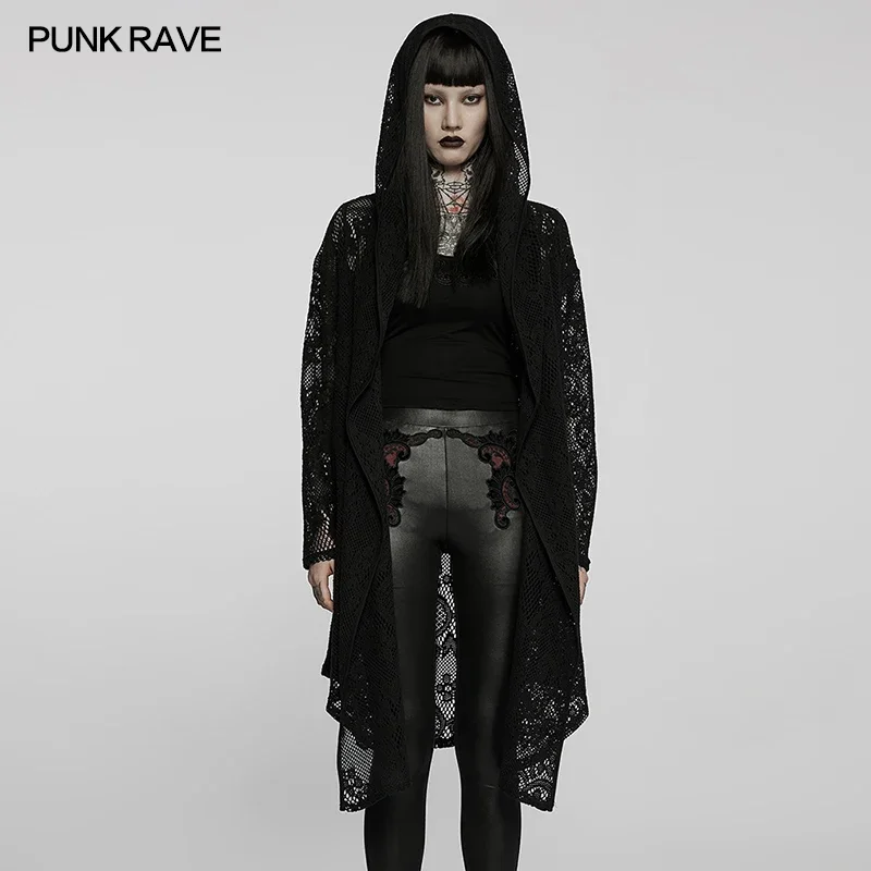 

PUNK RAVE Women's Gothic Loose Pockets Mesh Hooded Goth Personality Women Long Jacket Black Knit Net Coat Lace Cotton Trench