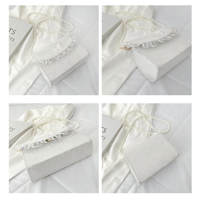 New Designer Crossbody Bags for Women Vintage Lace Pearl Chain Ladies Small Square Shoulder Bag Female Clutch Handbags Messenger