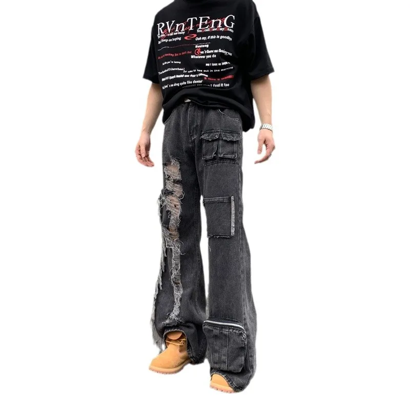 Retro Beggar Ripped Multi Pocket Micro Flared Jeans