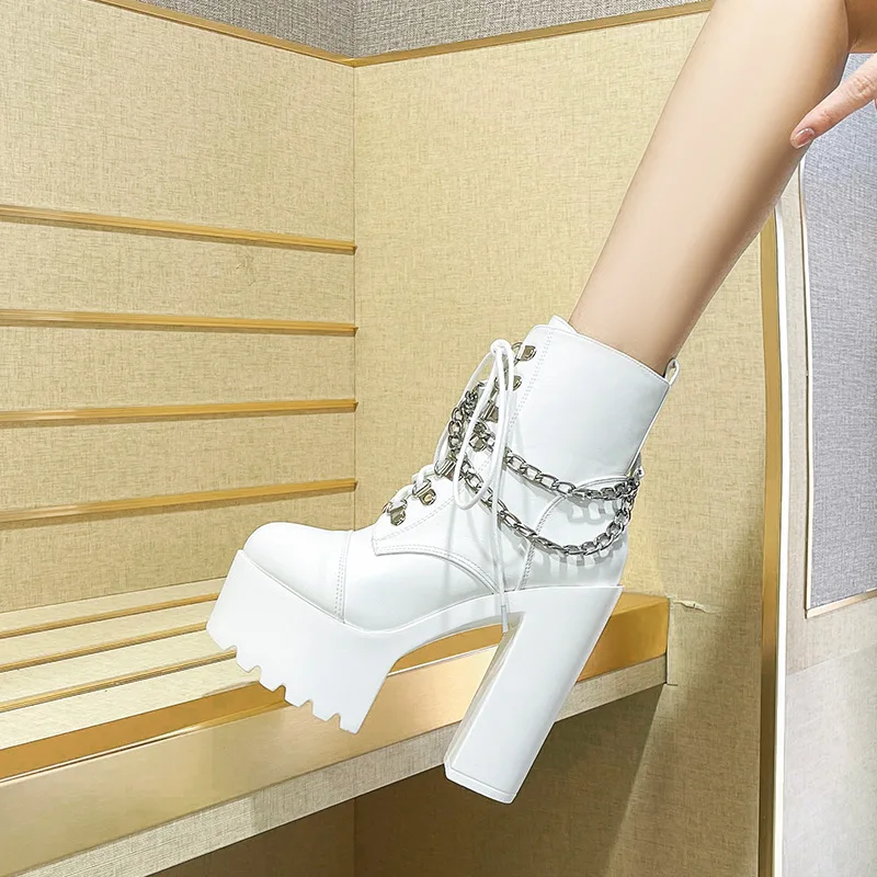 

Women Chain Decor High Heels Boots Fashion Sexy Nightclub Dj Bar DS Performance Shoes Side Zipper Platform Ladies Ankle Booties