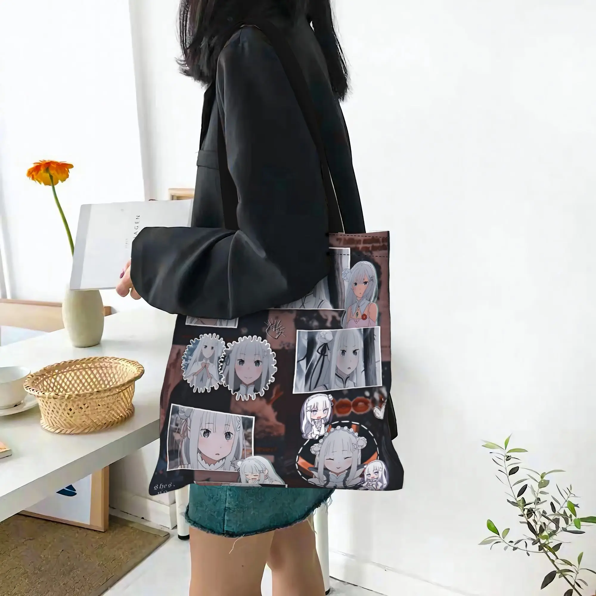 Customized Re ZERO Anime Emilia Women's Bag Shopping Bag Reusable Double Sided Canvas Tote Bag Shoulder  Handbag Its bags
