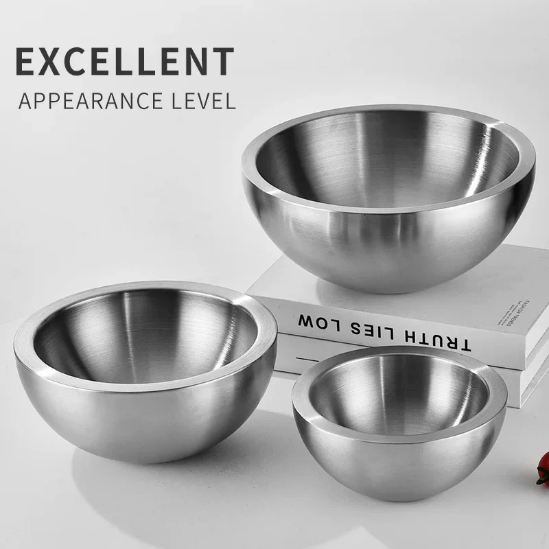 16/20/24cm Stainless Steel Insulated Chilling Bowl, Double Wall Design, Ice-Cooled Serving & Mixing Bowl for Fruit Salad
